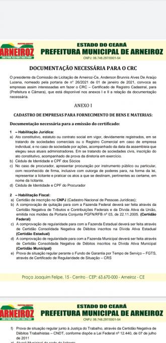 Veja a relação  de documentação necessária para emissão de CRC - 